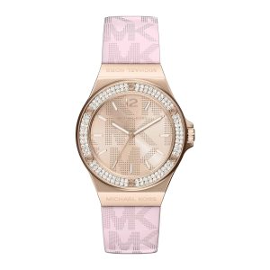 Michael Kors Lennox Pavé Rose Gold-Tone and Logo Silicone Strap Watch. MKO1251